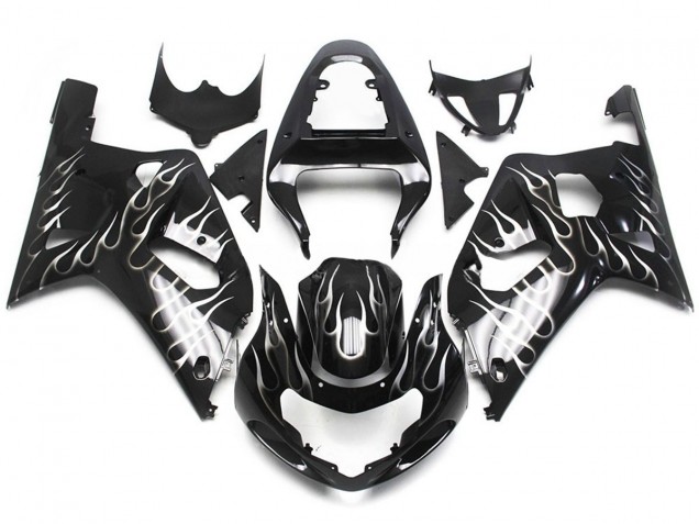 Black and White Gloss Flame 01-03 GSXR 600-750 Motorcycle Fairing