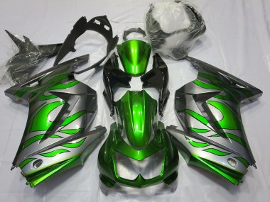 Green and Silver Flame 08-12 Ninja 250 Motorcycle Fairing