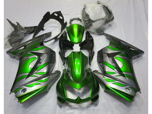 Green and Silver Flame 08-12 Ninja 250 Motorcycle Fairing